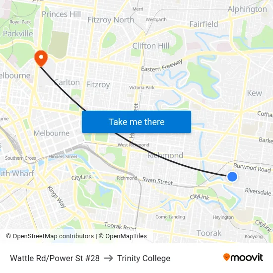 Wattle Rd/Power St #28 to Trinity College map