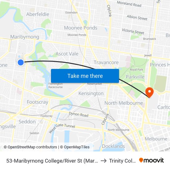 53-Maribyrnong College/River St (Maribyrnong) to Trinity College map