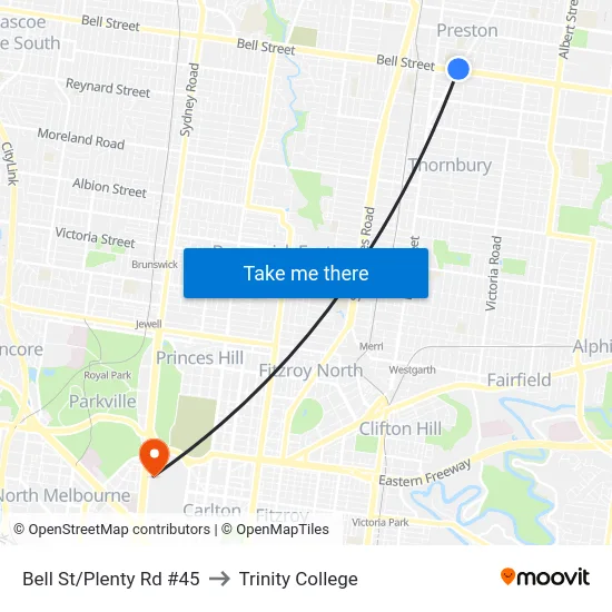 Bell St/Plenty Rd #45 to Trinity College map