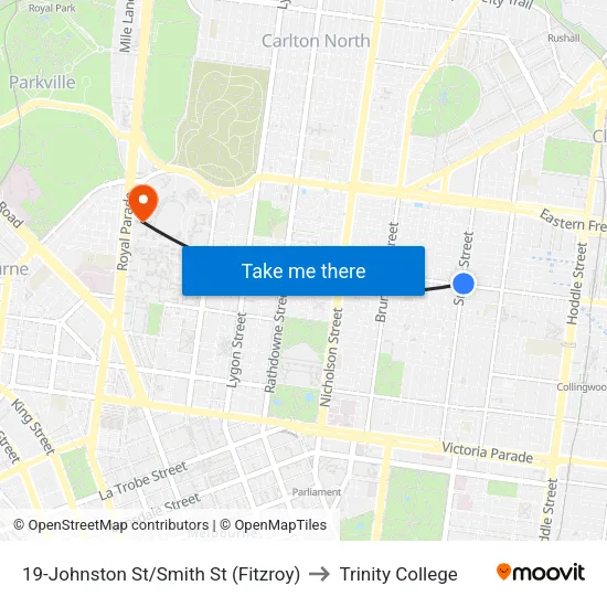 Johnston St/Smith St #19 to Trinity College map