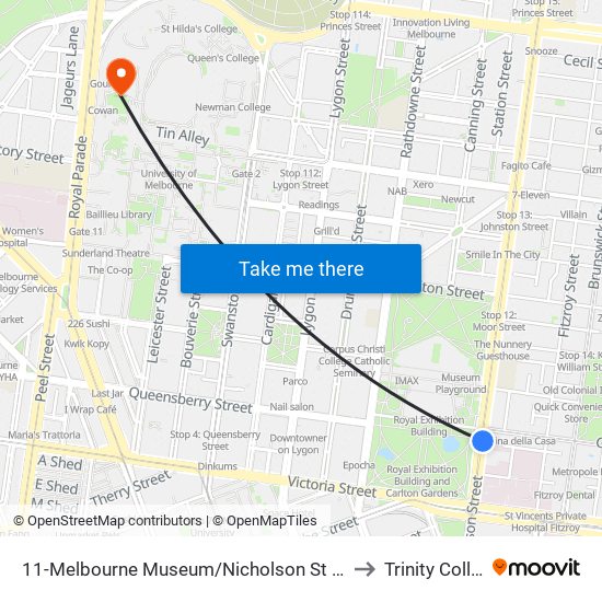 11-Melbourne Museum/Nicholson St (Fitzroy) to Trinity College map