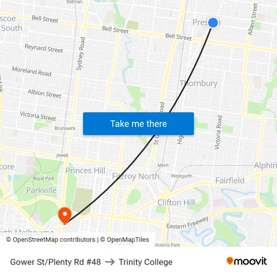 Gower St/Plenty Rd #48 to Trinity College map