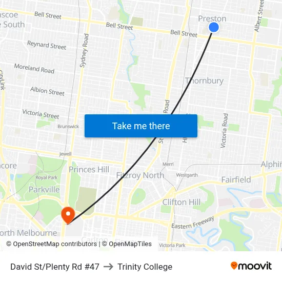 David St/Plenty Rd #47 to Trinity College map
