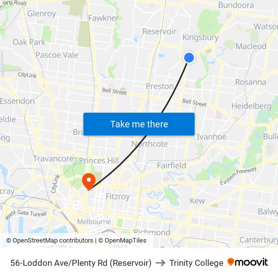 56-Loddon Ave/Plenty Rd (Reservoir) to Trinity College map