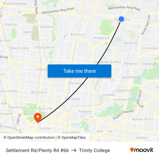 Settlement Rd/Plenty Rd #66 to Trinity College map