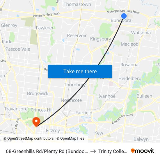 68-Greenhills Rd/Plenty Rd (Bundoora) to Trinity College map