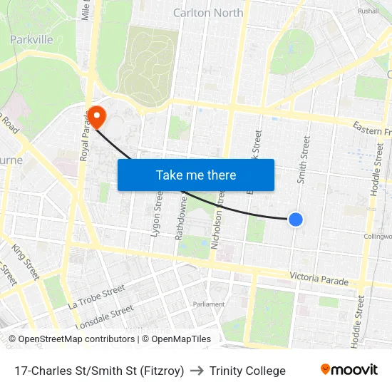Charles St/Smith St #17 to Trinity College map