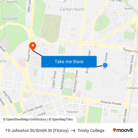 19-Johnston St/Smith St (Fitzroy) to Trinity College map
