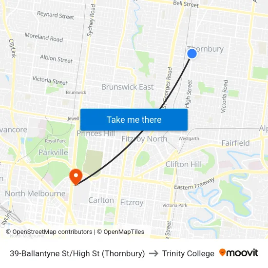 Ballantyne St/High St #39 to Trinity College map