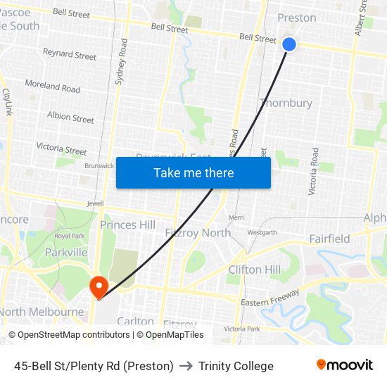 45-Bell St/Plenty Rd (Preston) to Trinity College map