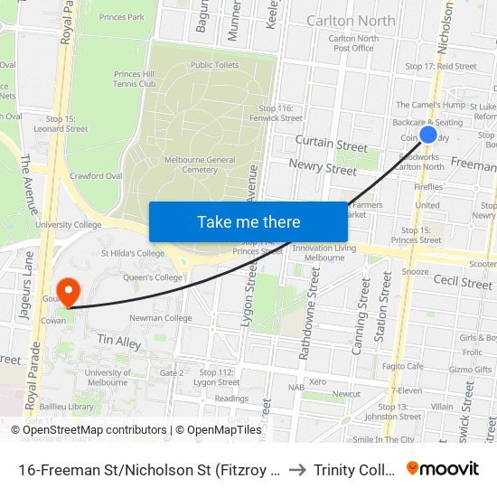 16-Freeman St/Nicholson St (Fitzroy North) to Trinity College map