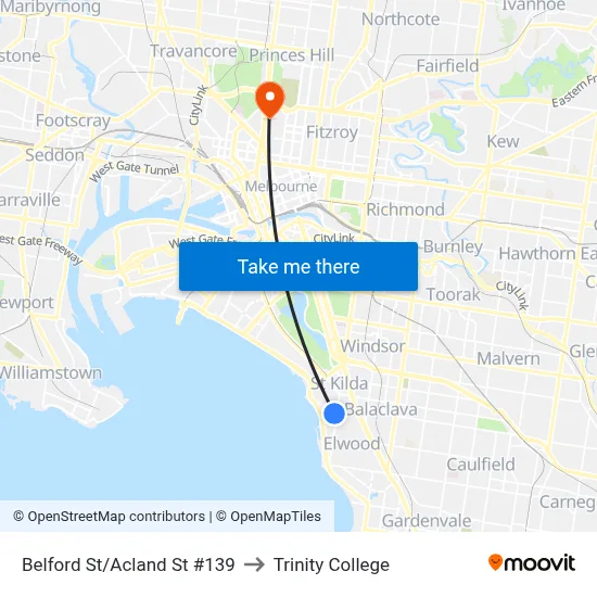 Belford St/Acland St #139 to Trinity College map