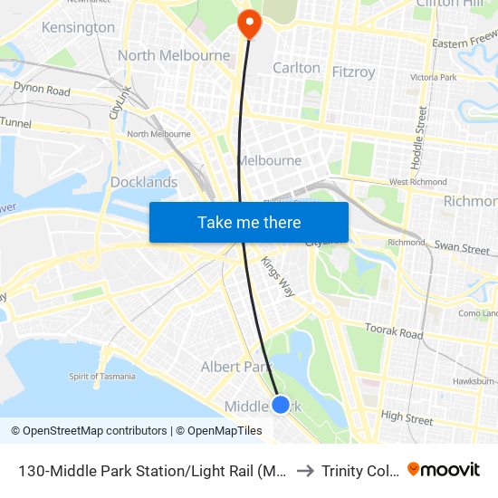 130-Middle Park Station/Light Rail (Middle Park) to Trinity College map