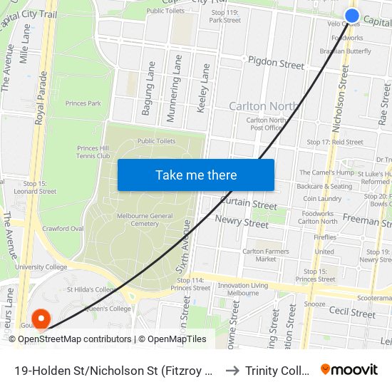 19-Holden St/Nicholson St (Fitzroy North) to Trinity College map