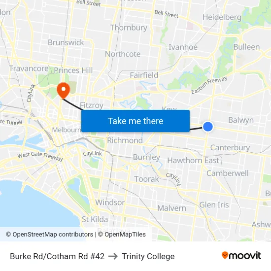 Burke Rd/Cotham Rd #42 to Trinity College map