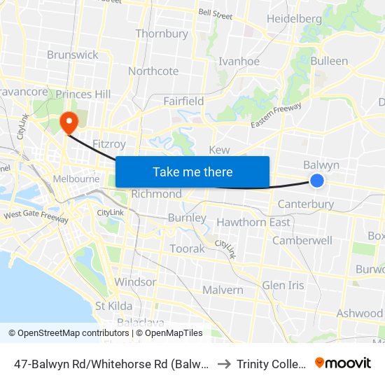 47-Balwyn Rd/Whitehorse Rd (Balwyn) to Trinity College map