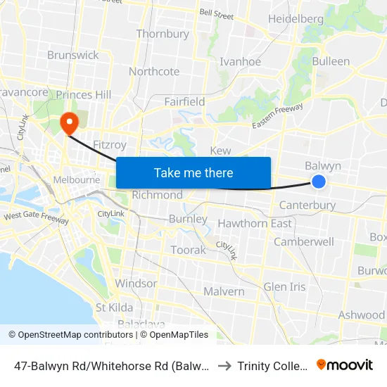 Balwyn Rd/Whitehorse Rd #47 to Trinity College map