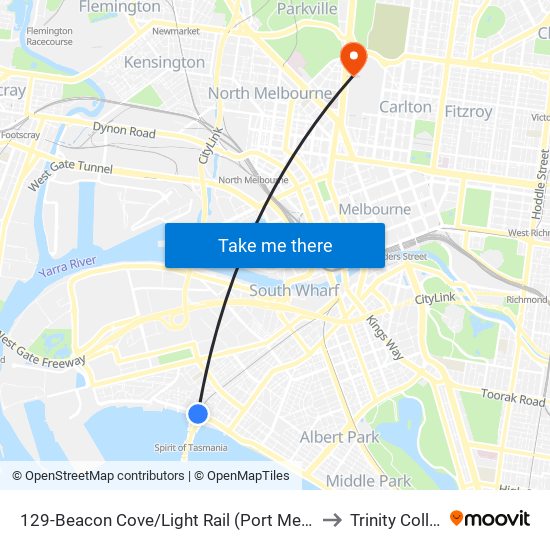 129-Beacon Cove/Light Rail (Port Melbourne) to Trinity College map