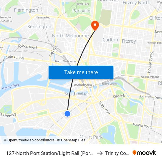 127-North Port Station/Light Rail (Port Melbourne) to Trinity College map