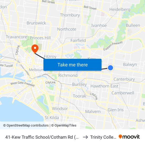 41-Kew Traffic School/Cotham Rd (Kew) to Trinity College map