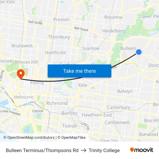 Bulleen Terminus/Thompsons Rd to Trinity College map