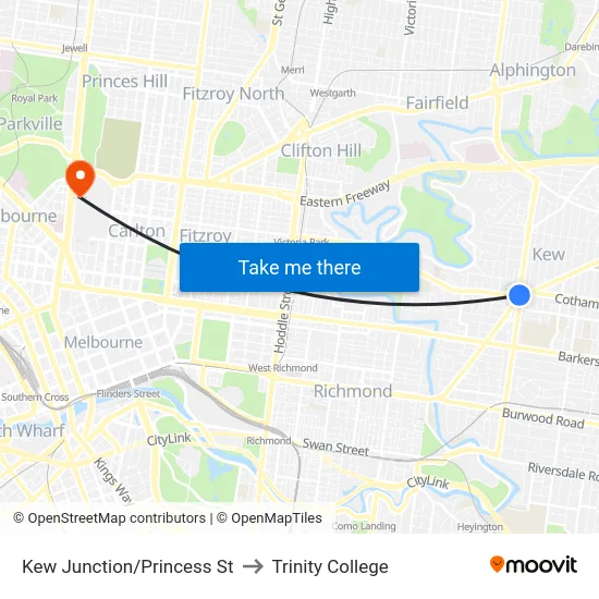Kew Junction/Princess St to Trinity College map