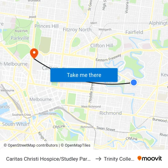 Caritas Christi Hospice/Studley Park Rd to Trinity College map