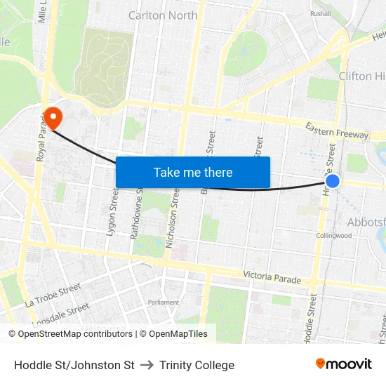 Hoddle St/Johnston St to Trinity College map