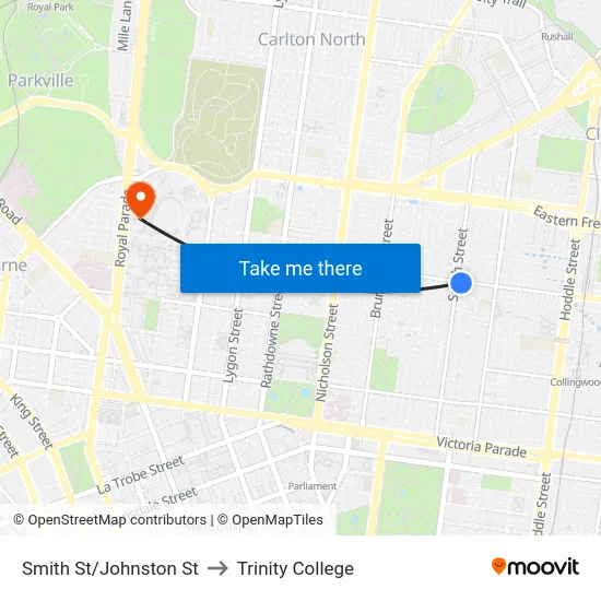 Smith St/Johnston St to Trinity College map