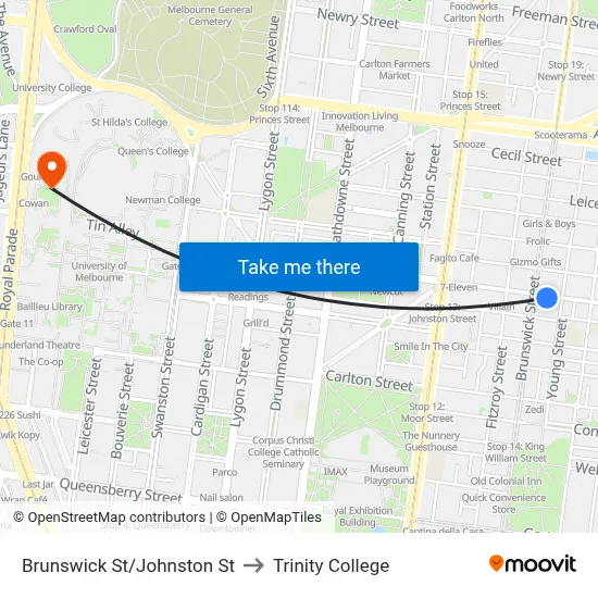 Brunswick St/Johnston St to Trinity College map