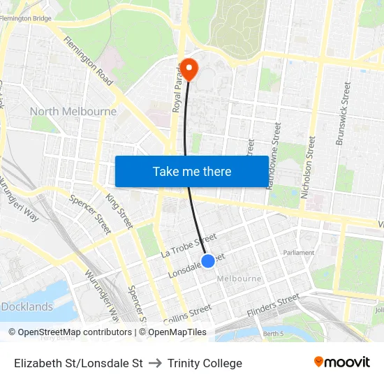 Elizabeth St/Lonsdale St to Trinity College map