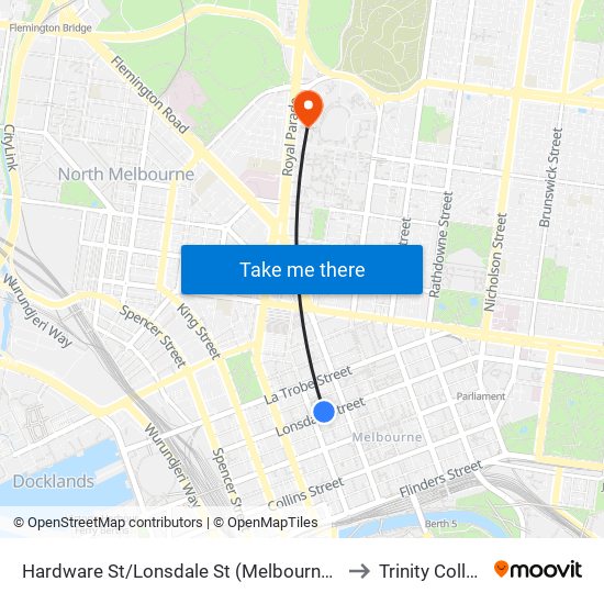 Hardware St/Lonsdale St (Melbourne City) to Trinity College map