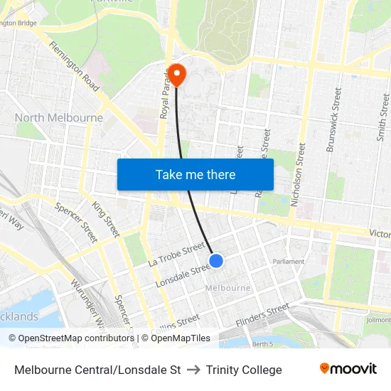Melbourne Central/Lonsdale St to Trinity College map