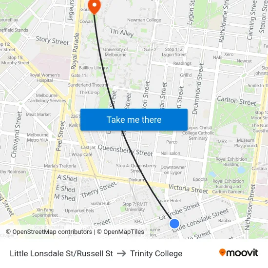 Little Lonsdale St/Russell St to Trinity College map