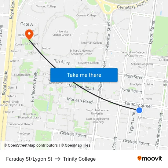 Faraday St/Lygon St to Trinity College map
