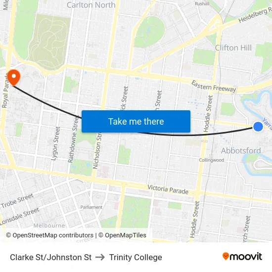 Clarke St/Johnston St to Trinity College map