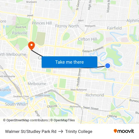 Walmer St/Studley Park Rd to Trinity College map