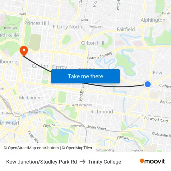 Kew Junction/Studley Park Rd to Trinity College map