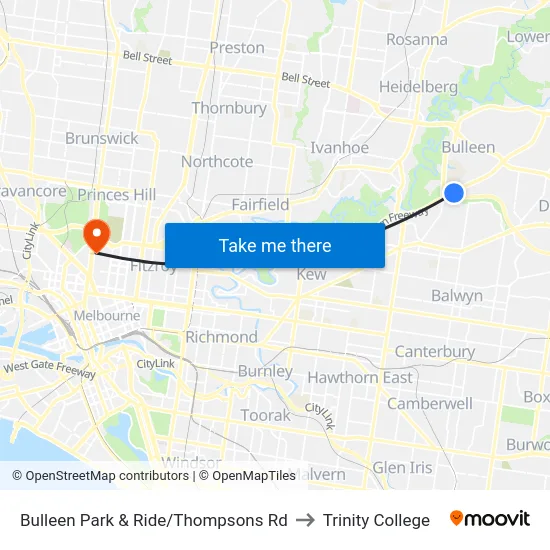 Bulleen Park & Ride/Thompsons Rd to Trinity College map