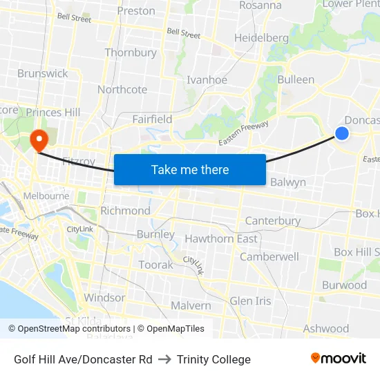 Golf Hill Ave/Doncaster Rd to Trinity College map