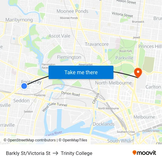 Barkly St/Victoria St to Trinity College map