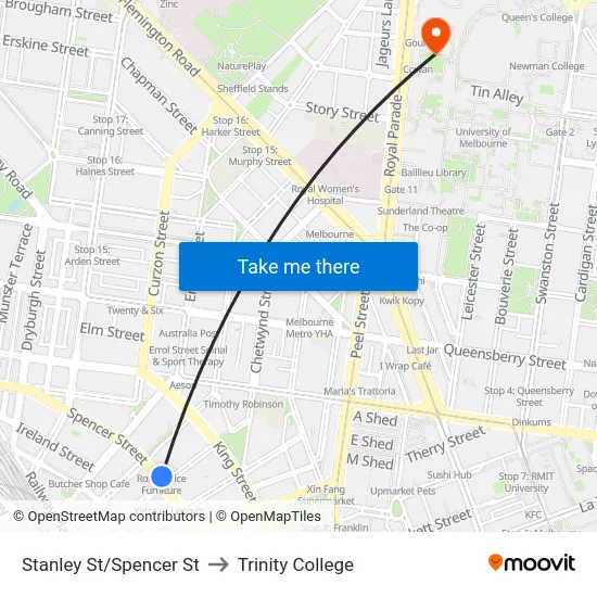 Stanley St/Spencer St to Trinity College map
