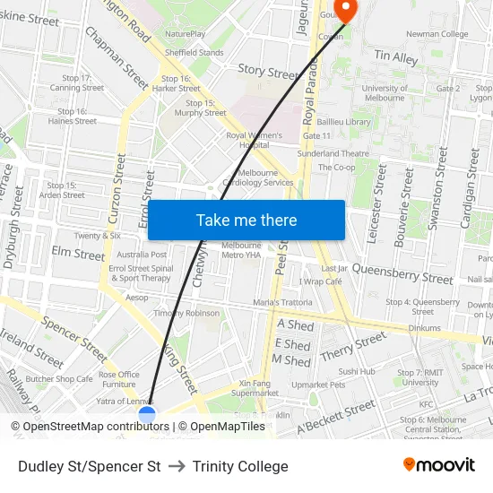 Dudley St/Spencer St to Trinity College map