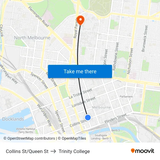 Collins St/Queen St to Trinity College map