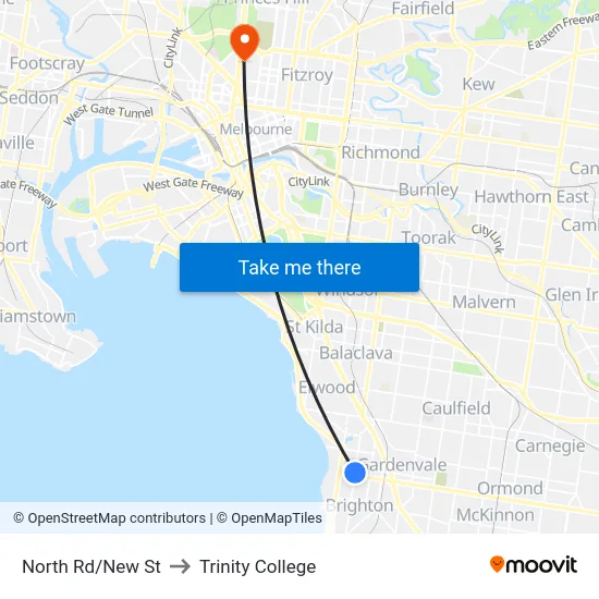 North Rd/New St to Trinity College map