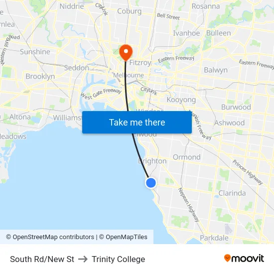 South Rd/New St to Trinity College map