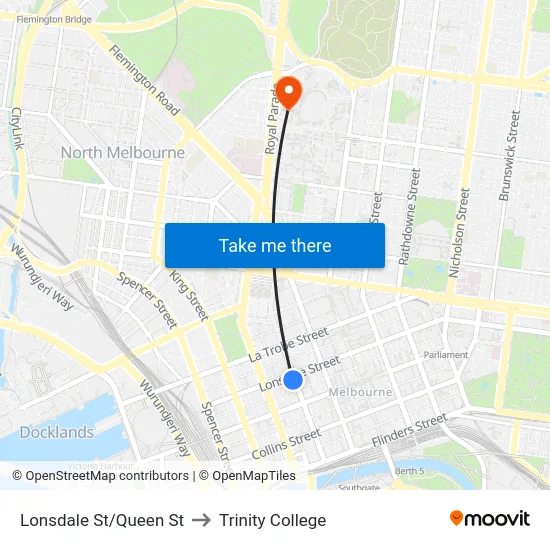 Lonsdale St/Queen St to Trinity College map