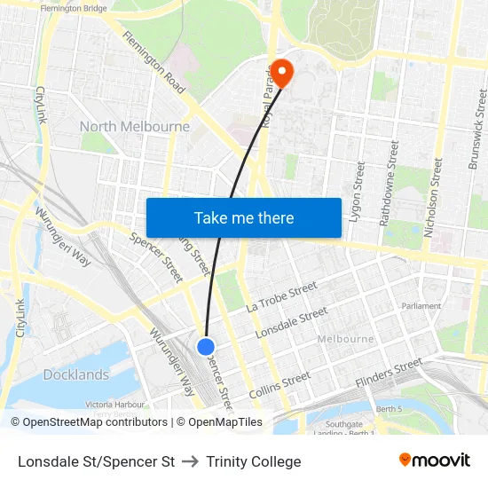 Lonsdale St/Spencer St to Trinity College map