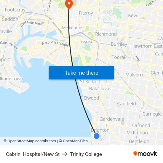 Cabrini Hospital/New St to Trinity College map