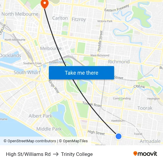 High St/Williams Rd to Trinity College map